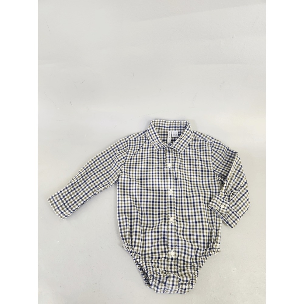 Janie and Jack Gingham Shirt Bodysuit Kids 12-18M Blue Green LongSleeve Preppy